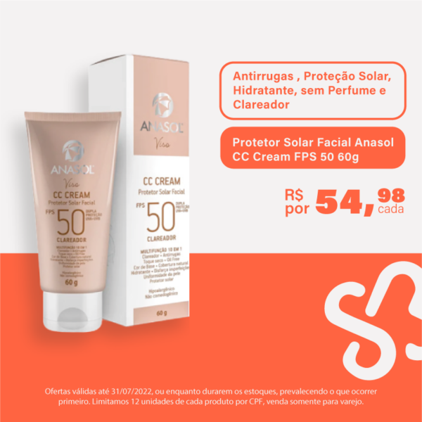 Protetor Solar Facial Anasol CC Cream FPS 50 60g