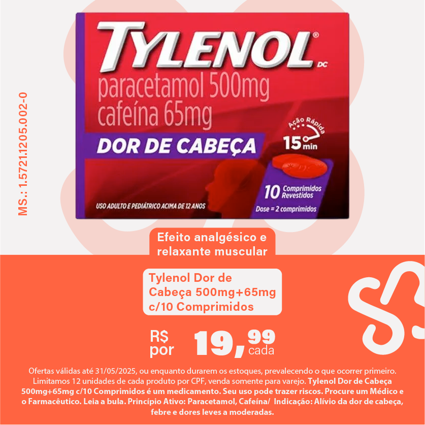 Tylenol 500mg Dor de Cabeça c/10 Comprimidos