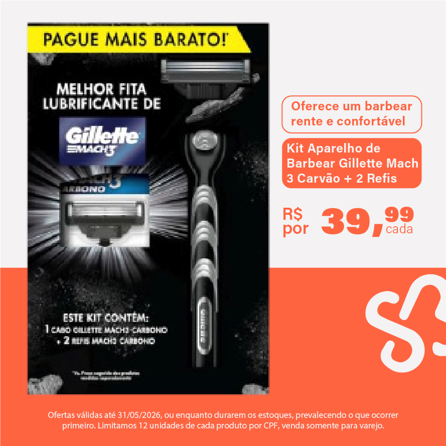 Kit Aparelho de Barbear Gillette Mach 3 Carvão + 2 Refis