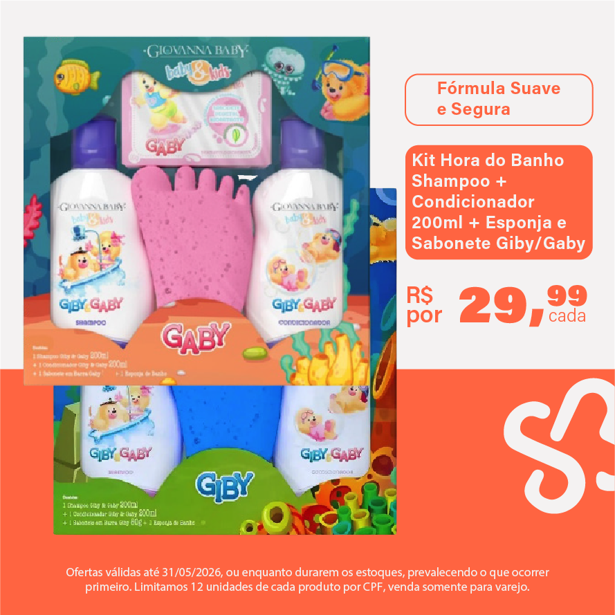 Kit Hora do Banho Shampoo + Condicionador 200ml + Esponja e Sabonete Giby/Gaby